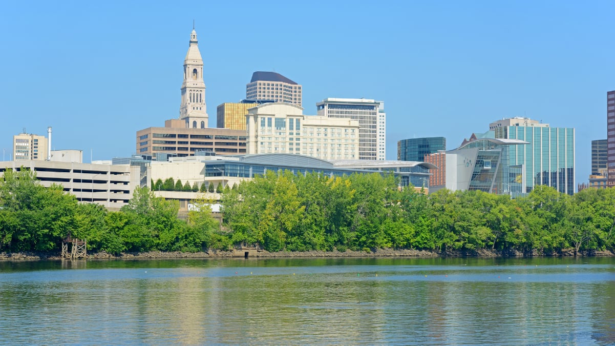 Hartford modern city skyline including Travelers Tower across Connecticut River, Hartford, Connecticut, USA
