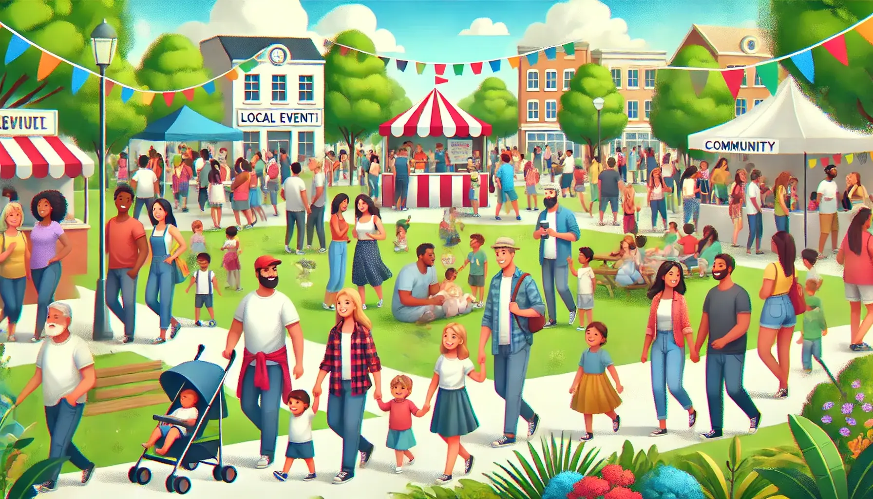 A vibrant, diverse community gathering in a park or town square, with families walking together, friends chatting, and people volunteering at a booth